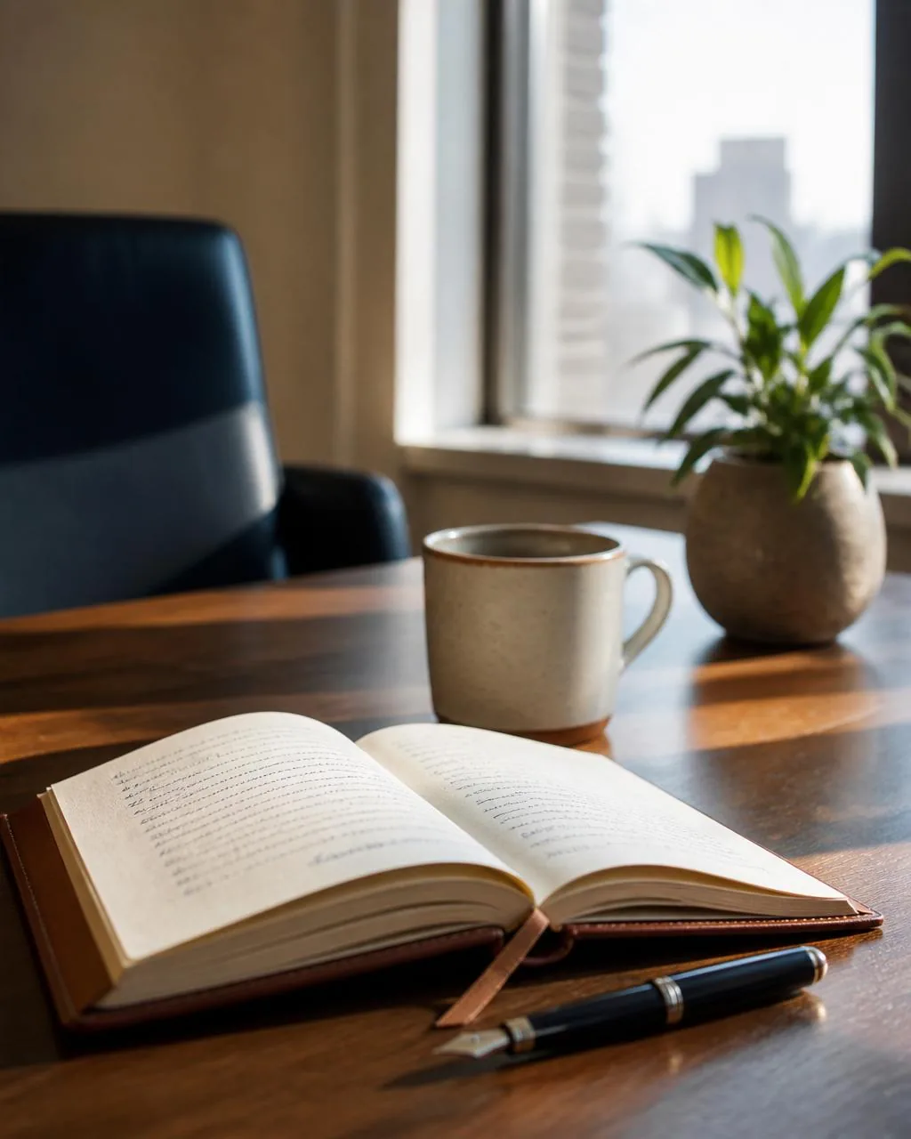 A warm, calm workspace with an open journal, fountain pen, and coffee by a window — representing reflective coaching sessions.
